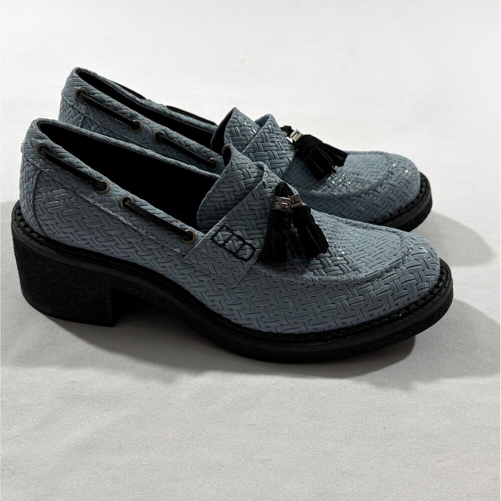 John Fluevog Blue Slacker Rover Tassel Loafer Heels Woven Leather Shoes Sz 7